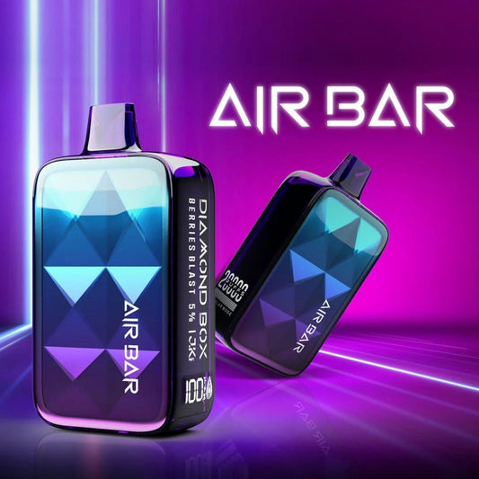 Air Bar Diamond Box disposable vape with Berries Blast flavor, purple geometric design.