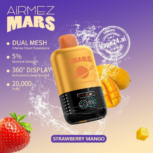 Airmez Mars 20,000 puffs disposable vape with Strawberry Mango flavor.