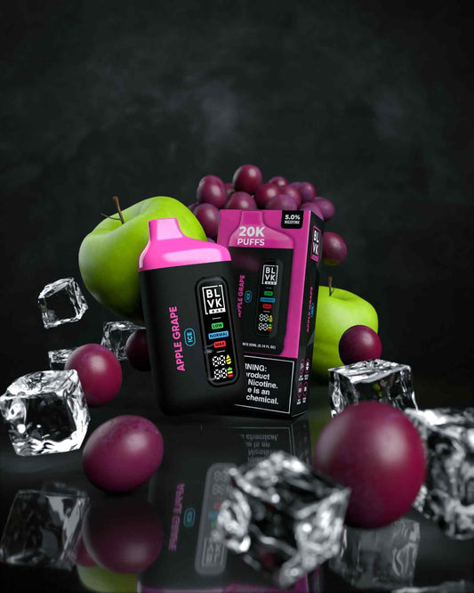 BLVK Bar disposable vape with Apple Grape flavor, device and box.
