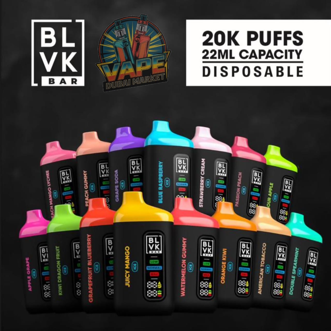 BLVK Bar disposable vape with assorted flavors, 20K puffs, group display.