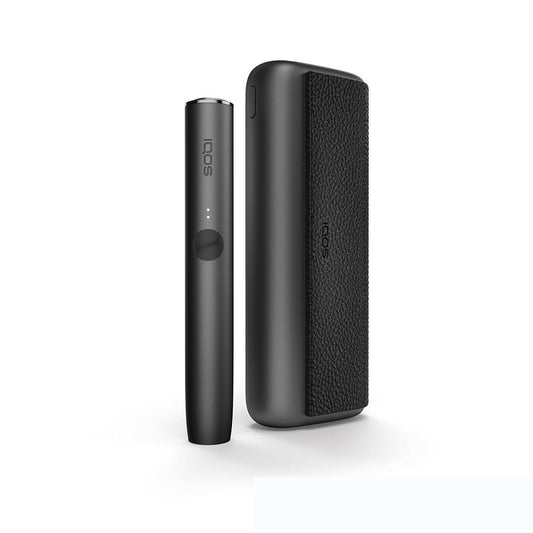 Black IQOS ILUMA device with slim holder and textured side charging case.