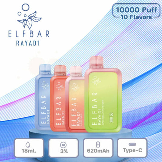Elfbar Rayad1 10000 puffs disposable vape with assorted colors.