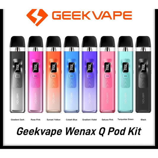 Geekvape Wenax Q Pod Kit in eight colors with logo and product name