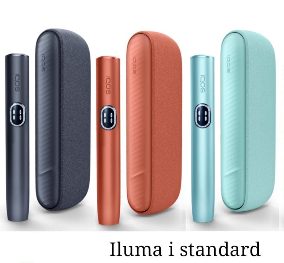 IQOS Iluma i standard devices in dark grey, orange and mint with matching cases.