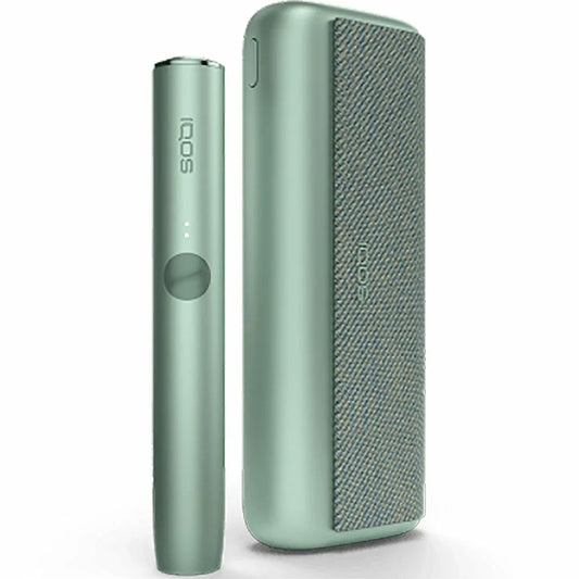 Mint green IQOS ILUMA device with matching case and textured fabric panel.