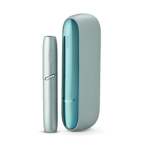 Pale teal IQOS case with glossy blue door and matching slim holder.