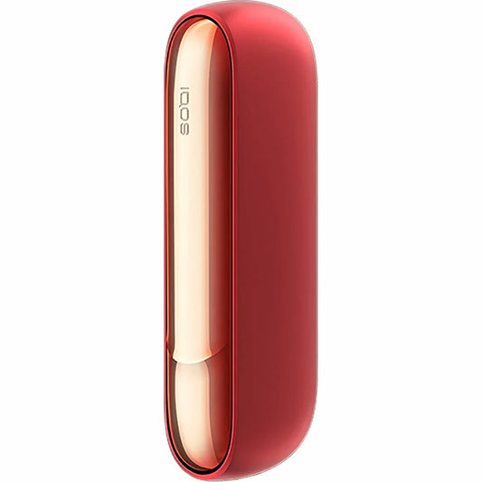 Red IQOS charging case with glossy gold inner panel, holder not visible.