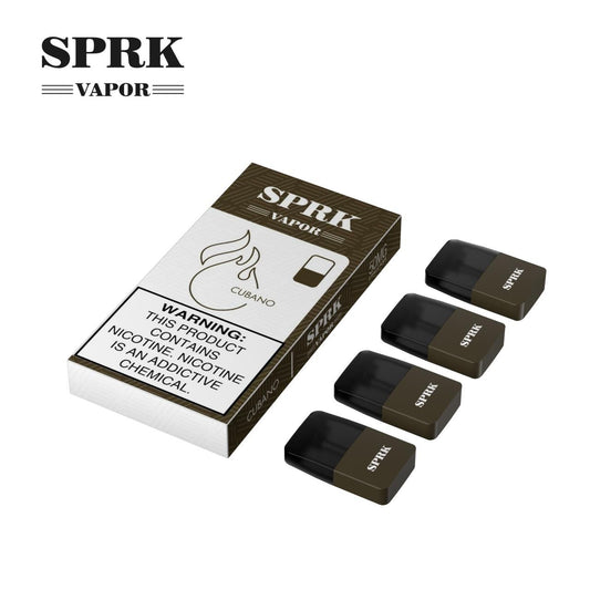 SPRK Vapor Cubano pod pack with four matching pods on white background
