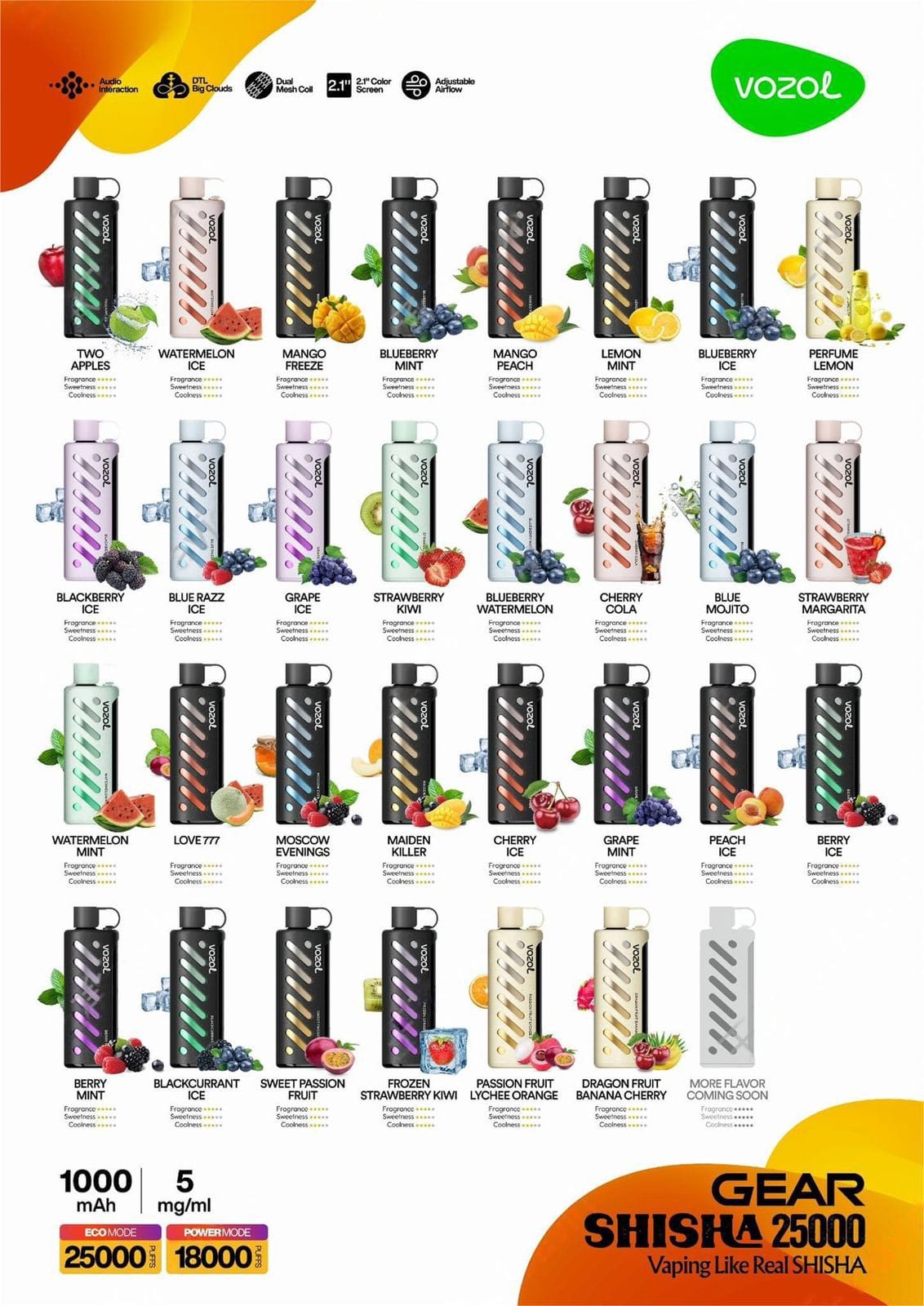 Vozol Gear Shisha 25000 disposable vape flavors lineup with fruit and mint options