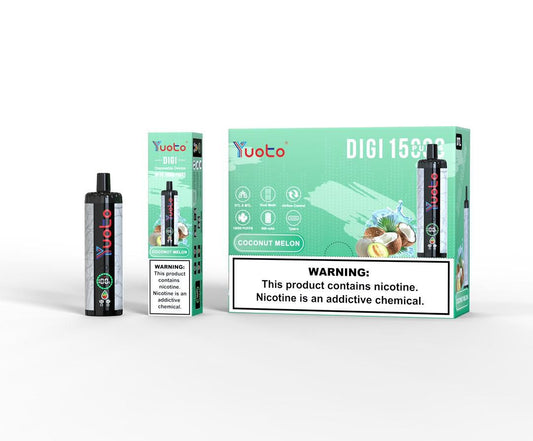 Yuoto Digi 15000 puffs disposable vape, Coconut Melon flavor, box and device.