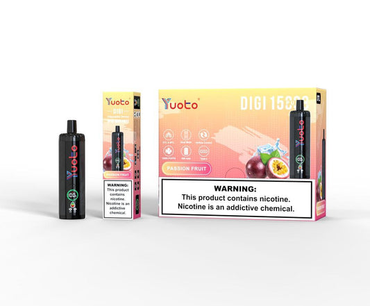 Yuoto Digi 15000 puffs disposable vape, Passion Fruit flavor, yellow box and device.