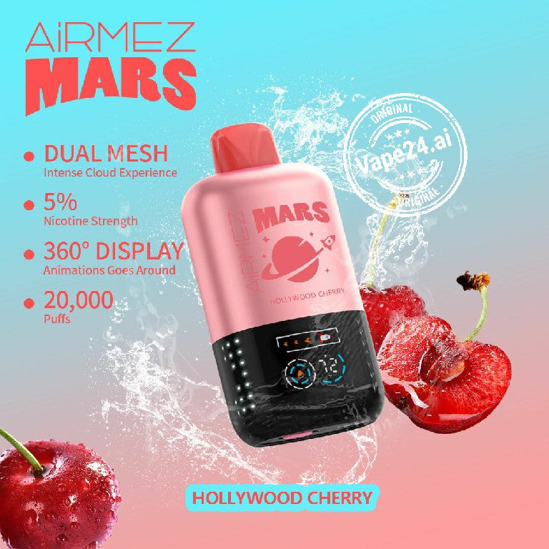 Airmez Mars 20,000 puffs disposable vape with Hollywood Cherry flavor.
