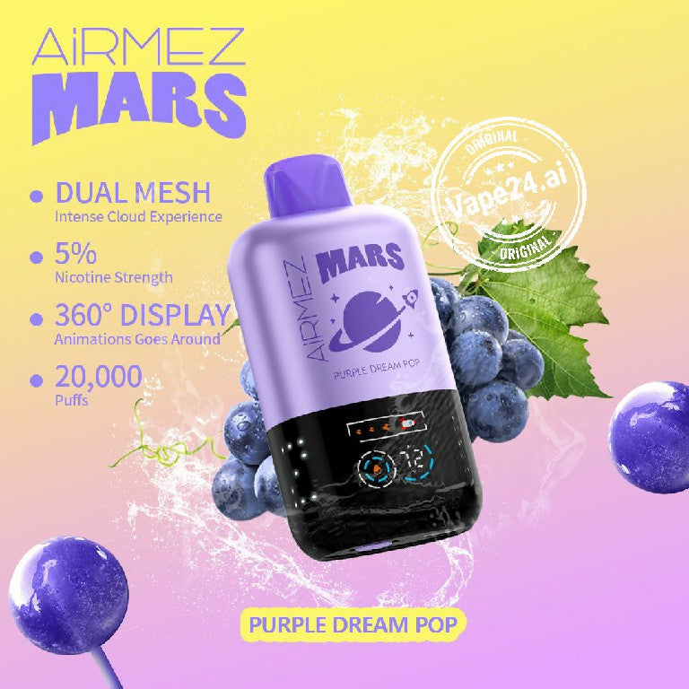Airmez Mars 20,000 puffs disposable vape with Purple Dream Pop flavor.
