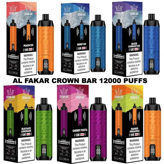Al Fakher Crown Bar 12000 puffs disposable vape, assorted flavors and device packaging.