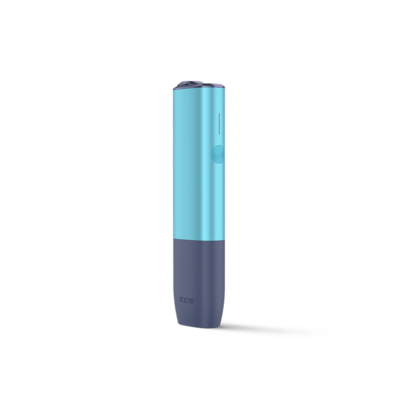 Angled aqua and navy two‑tone IQOS Iluma One device on transparent background.
