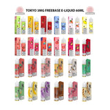 Assorted Tokyo 3mg freebase e-liquid 60ml bottles and boxes, multiple flavors