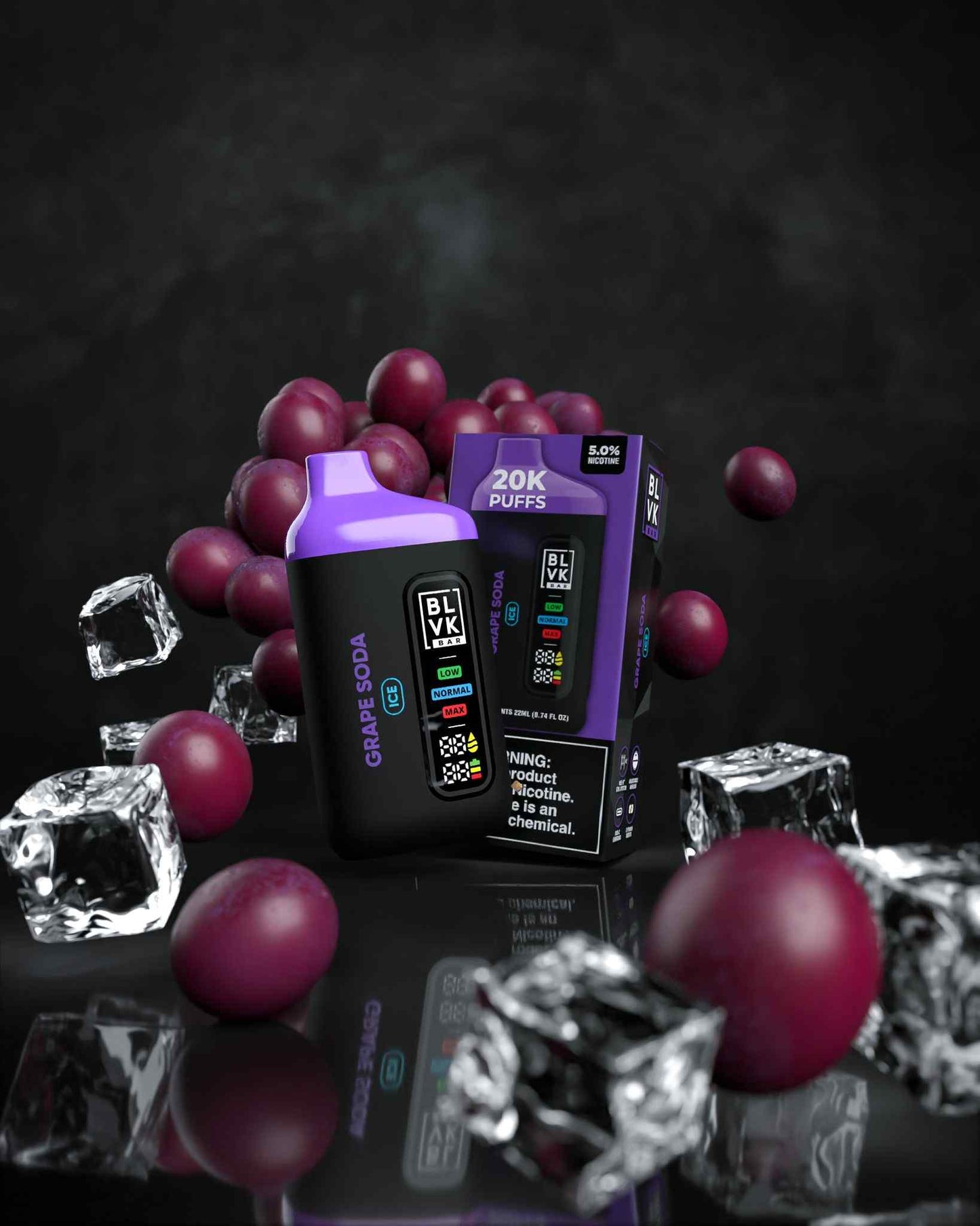 BLVK Bar disposable vape with Grape Soda flavor, device and box.

