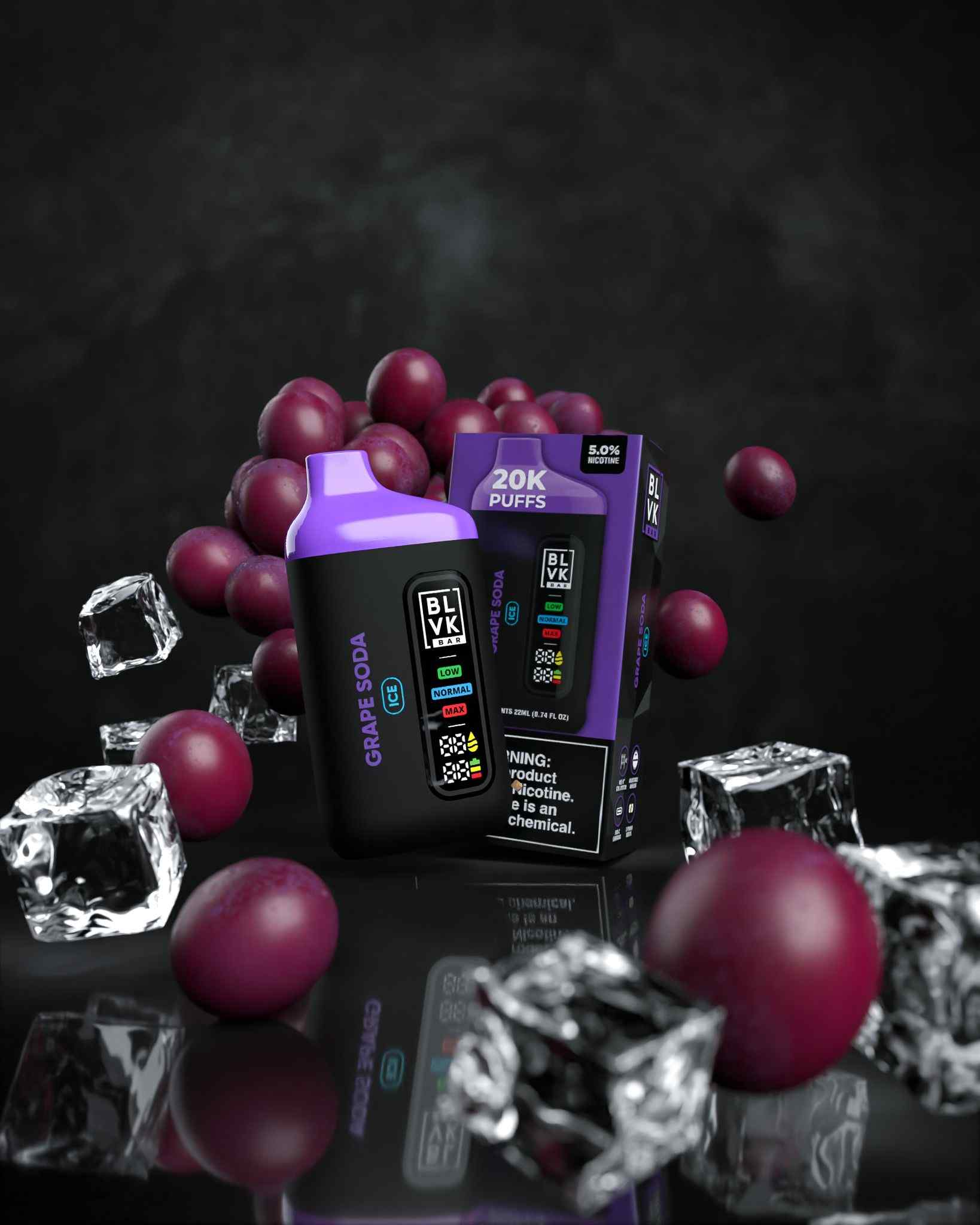 BLVK Bar disposable vape with Grape Soda flavor, device and box.
