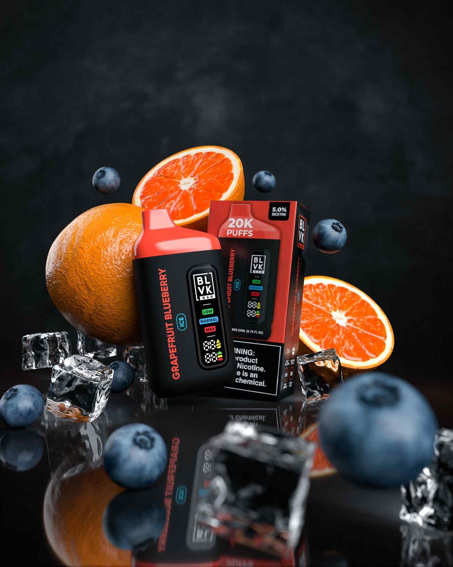 BLVK Bar disposable vape with Grapefruit Blueberry flavor, device and box.

