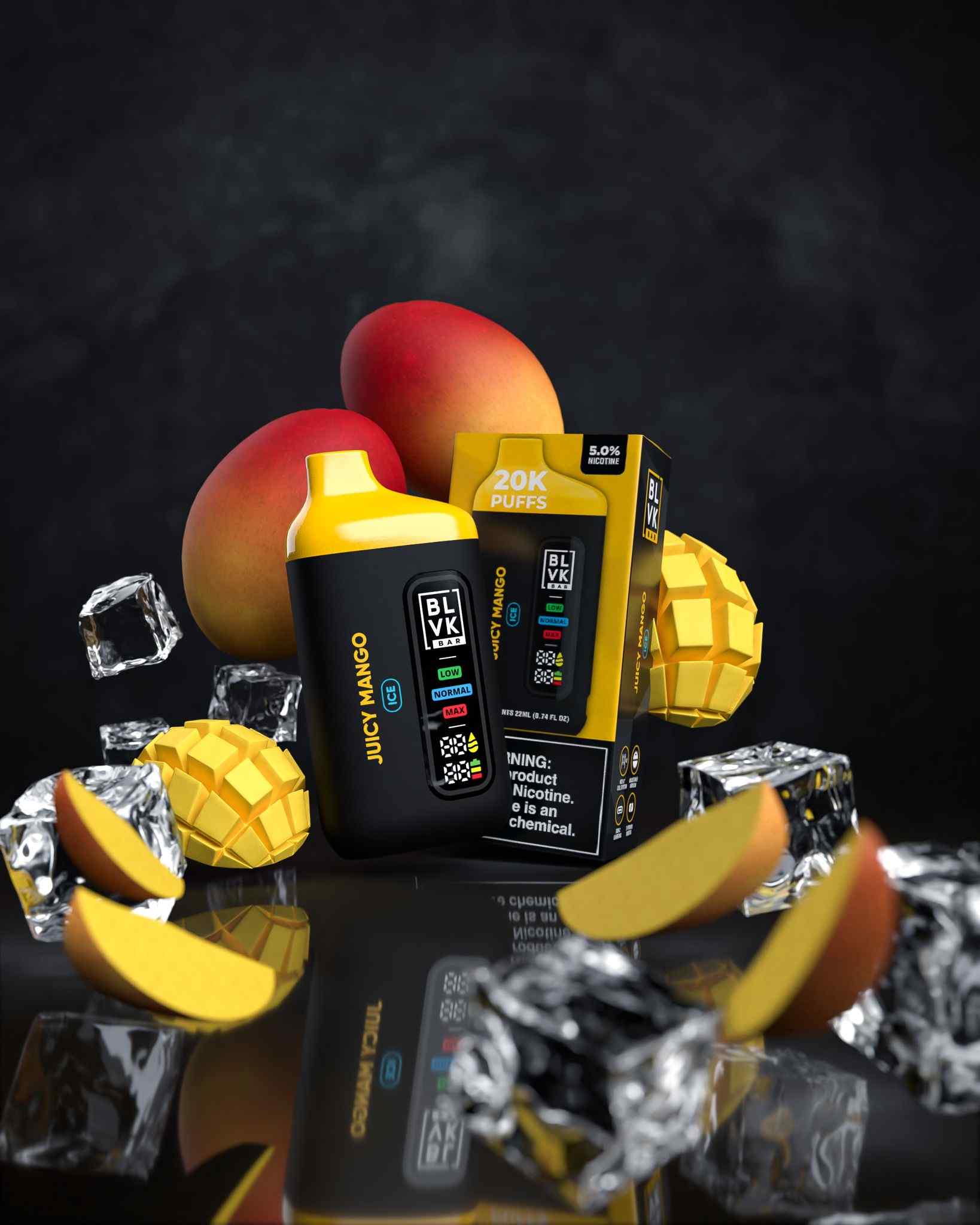 BLVK Bar disposable vape with Juicy Mango flavor, device and box.