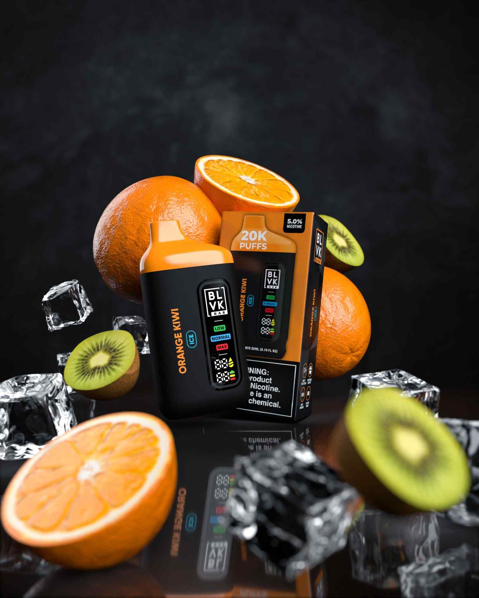 BLVK Bar disposable vape with Orange Kiwi flavor, device and box.
