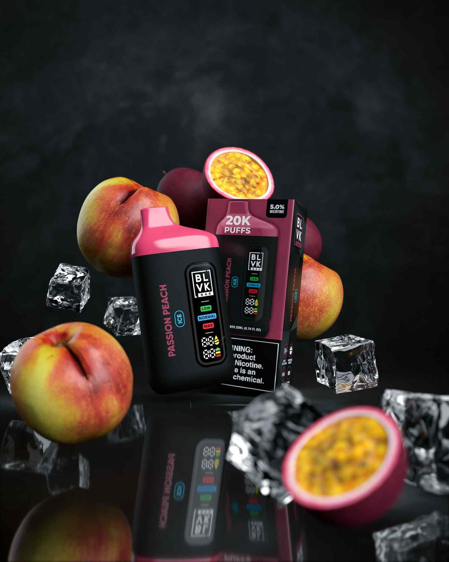 BLVK Bar disposable vape with Passion Peach flavor, device and box.
