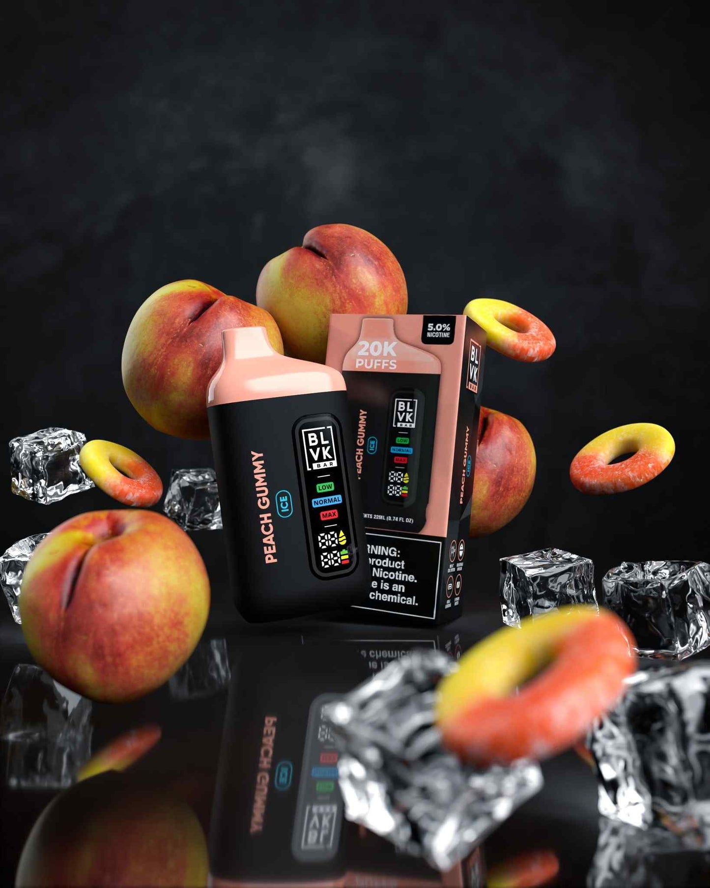 BLVK Bar disposable vape with Peach Gummy flavor, device, and box.