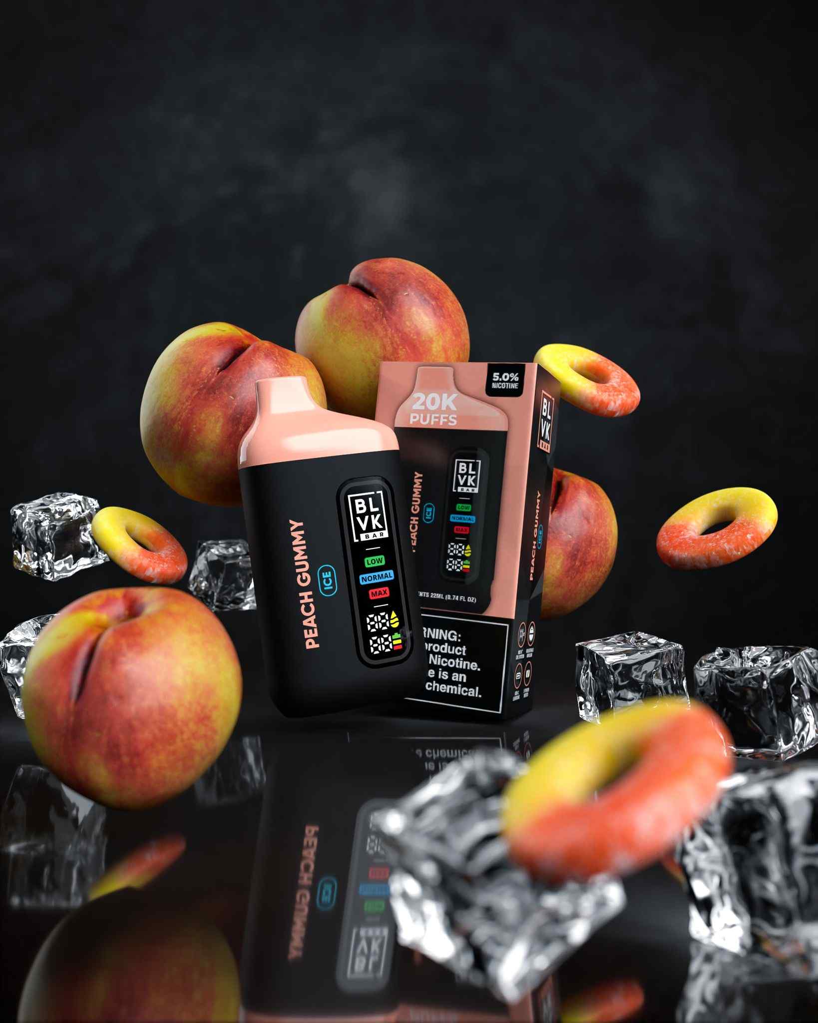 BLVK Bar disposable vape with Peach Gummy flavor, device, and box.