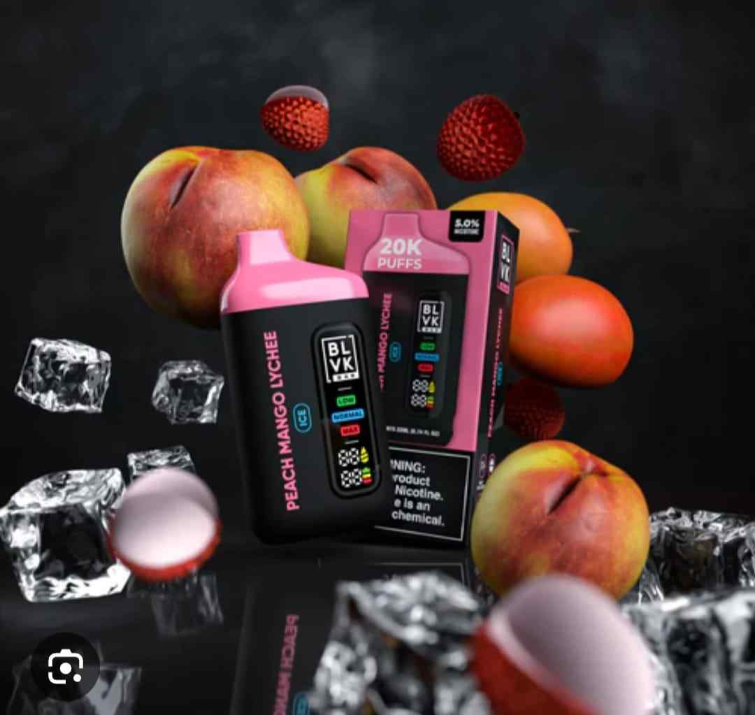 BLVK Bar disposable vape with Peach Mango Lychee flavor, device and box.