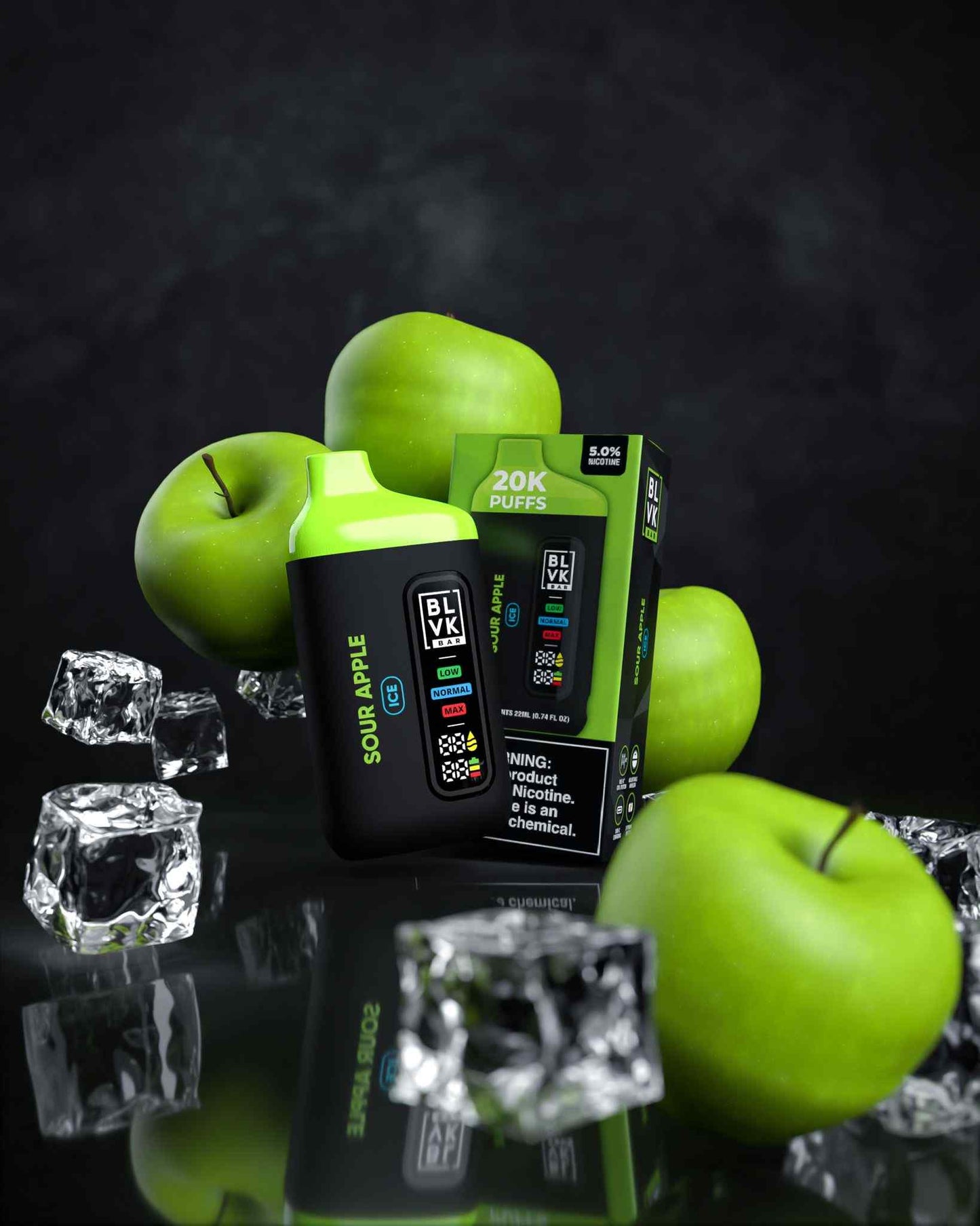 BLVK Bar disposable vape with Sour Apple flavor, device and box.