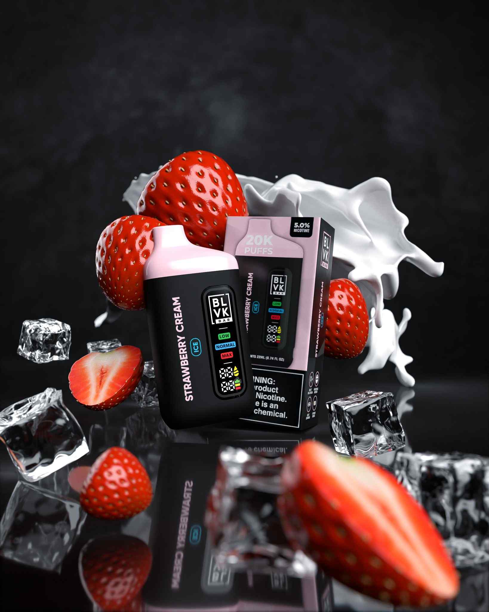 BLVK Bar disposable vape with Strawberry Cream flavor, device and box.