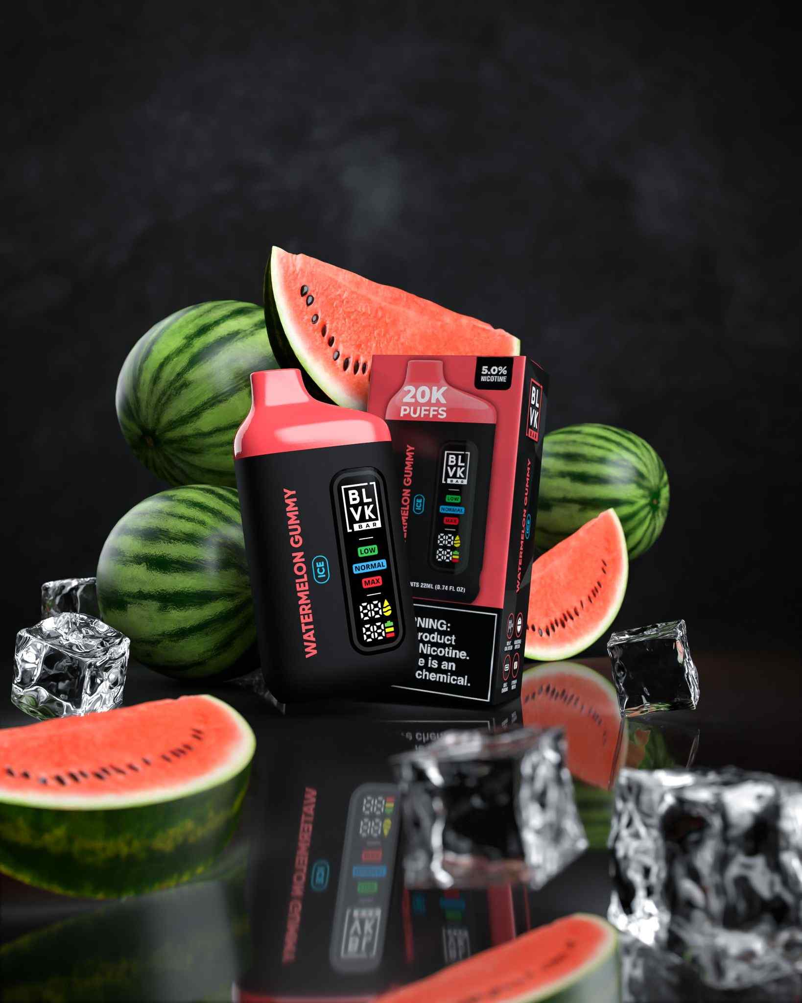 BLVK Bar disposable vape with Watermelon Gummy flavor, device and box.
