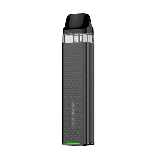 Black Vaporesso pod vape device angled side view, textured body and green LED