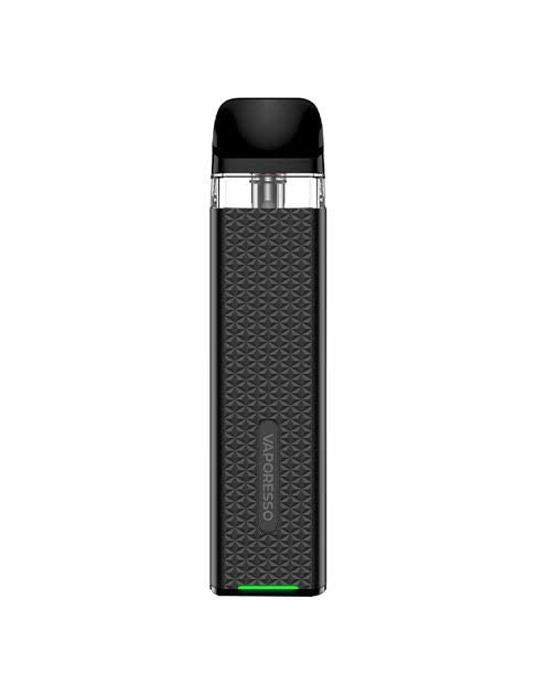 Black Vaporesso pod vape device, front view with textured panel and green LED