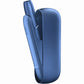 Blue IQOS device in open blue charging case with holder raised at an angle.
