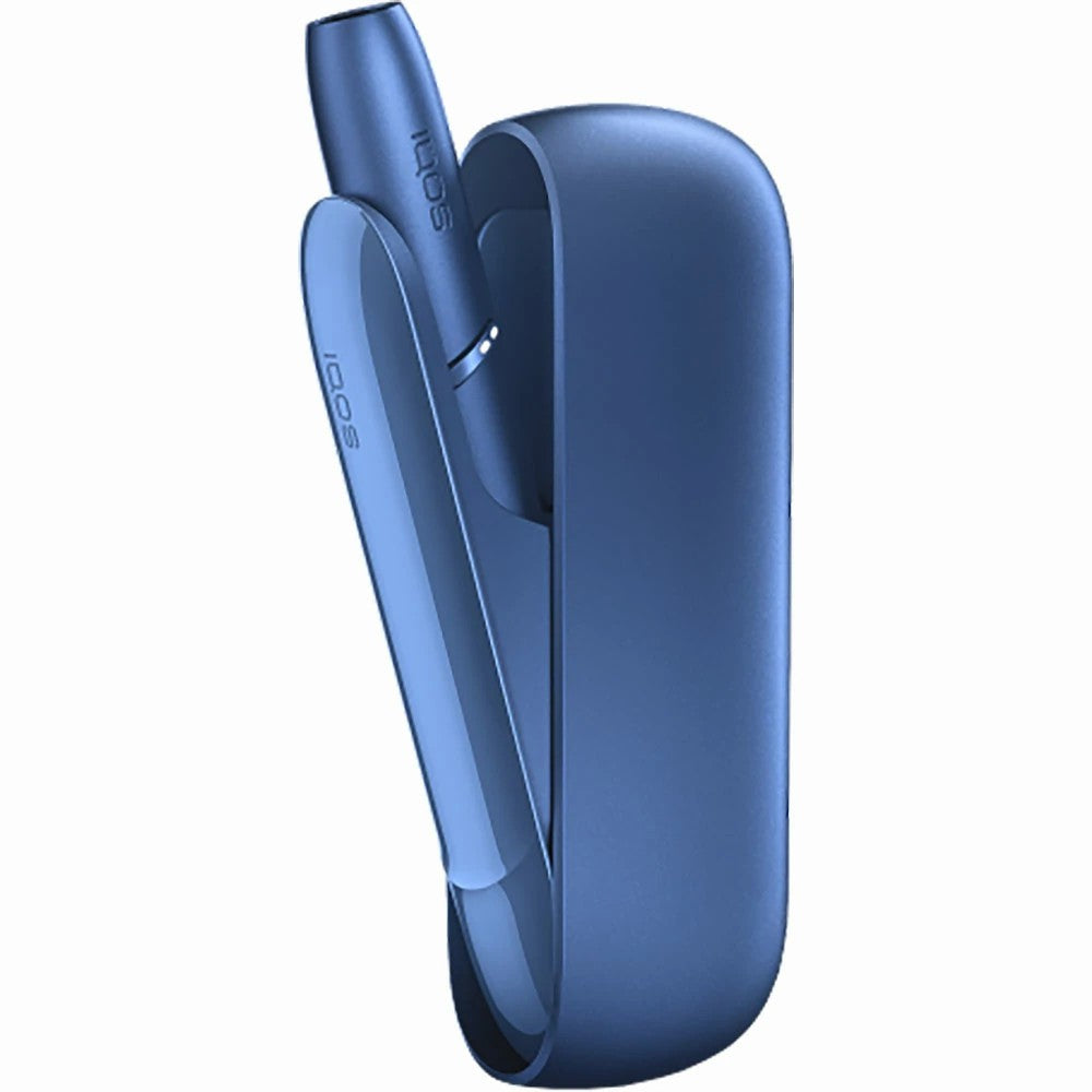 Blue IQOS device in open blue charging case with holder raised at an angle.
