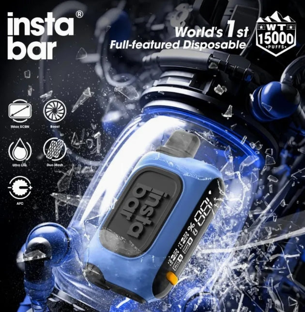 Blue Insta Bar disposable in glass shatter splash, 15000 puffs featured