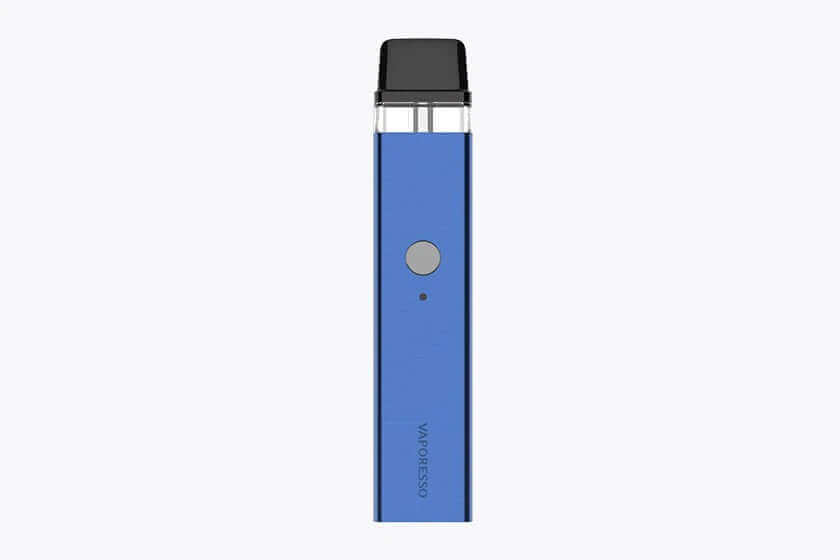 Blue Vaporesso pod vape device, front view with button and small LED