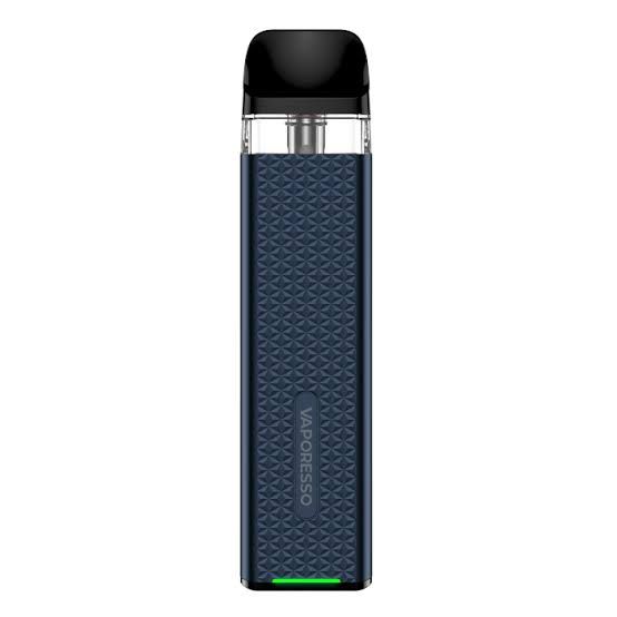 Blue Vaporesso pod vape device, front view with textured panel and green LED