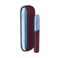Burgundy IQOS case with light blue interior and matching holder.
