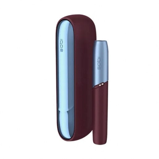 Burgundy IQOS case with light blue interior and matching holder.
