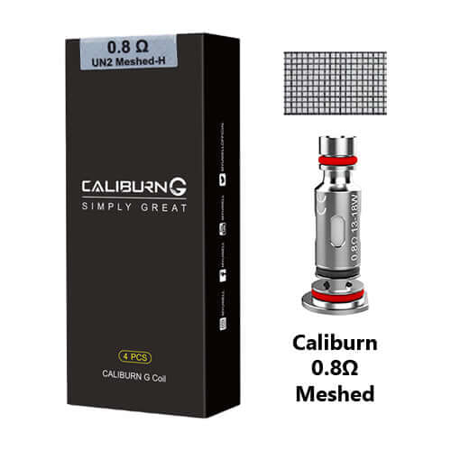 Caliburn G 0.8Ω meshed coil pack with box, coil, and mesh graphic shown