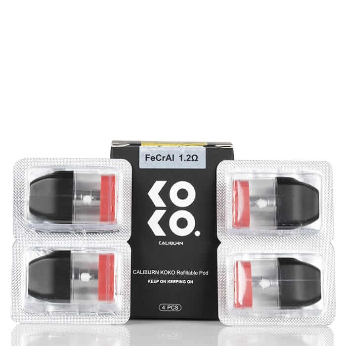 Caliburn Koko 1.2Ω pod 4-pack with box and four pods in blister trays