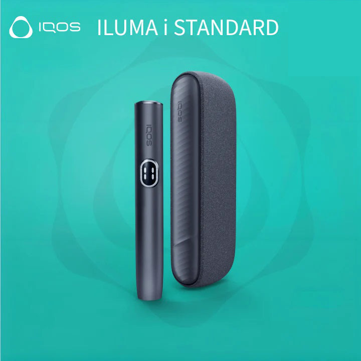 Charcoal IQOS ILUMA i STANDARD holder and textured case on teal background.

