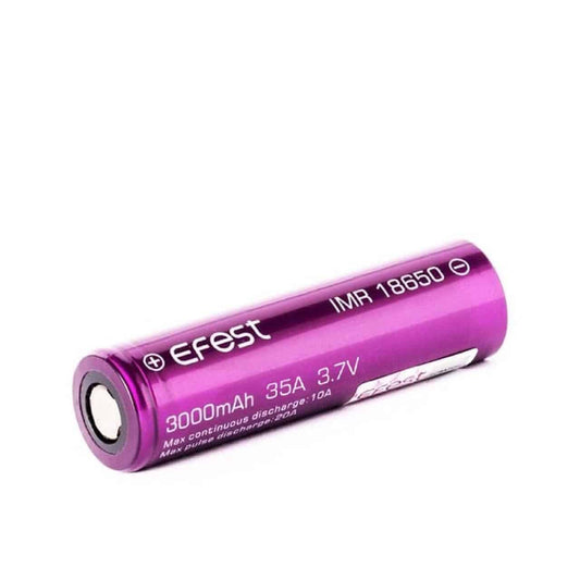 Close-up of purple Efest IMR 18650 3000mAh 35A rechargeable battery