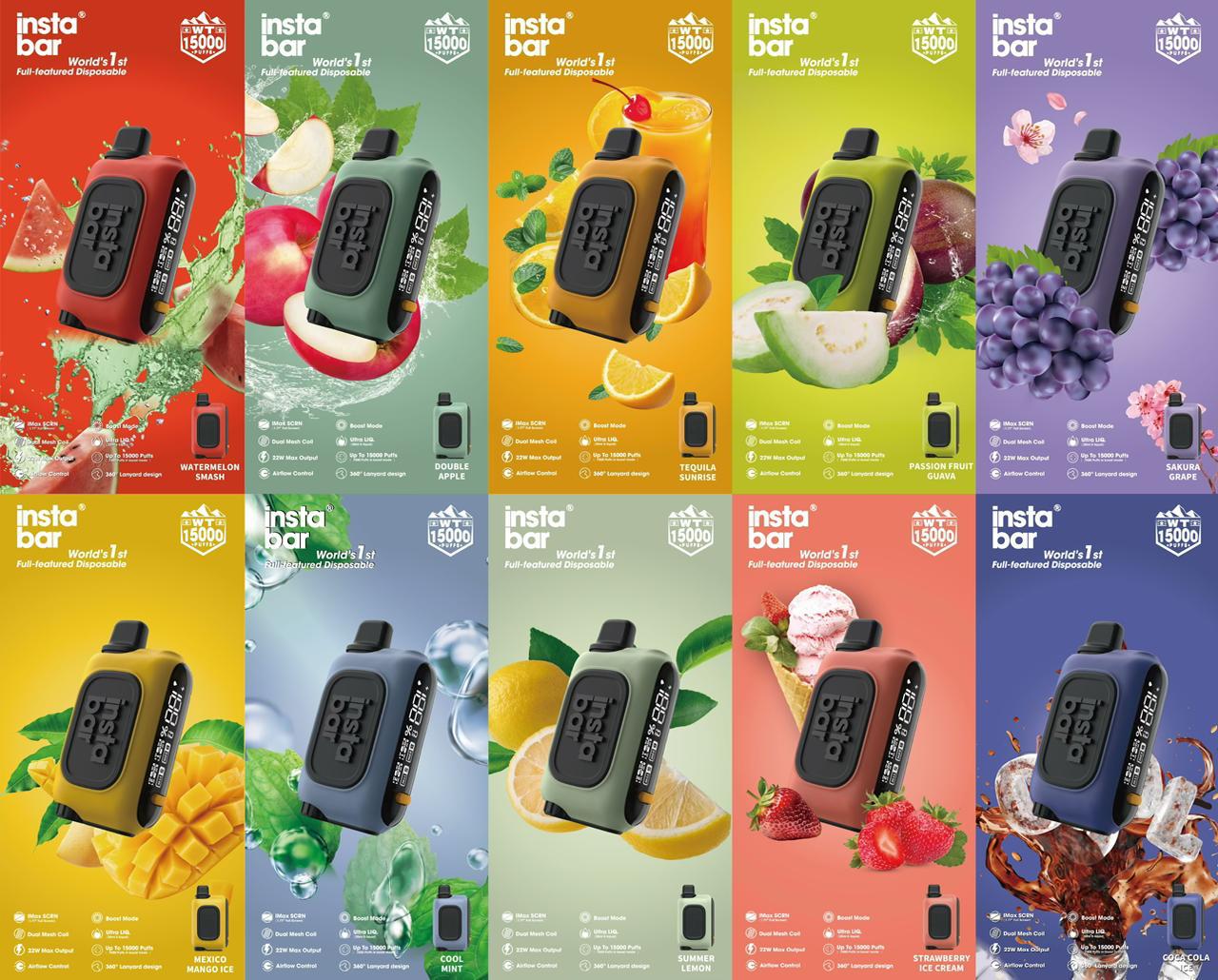 Collage of Insta Bar flavor posters: watermelon, apple, tequila, mango, cola, more