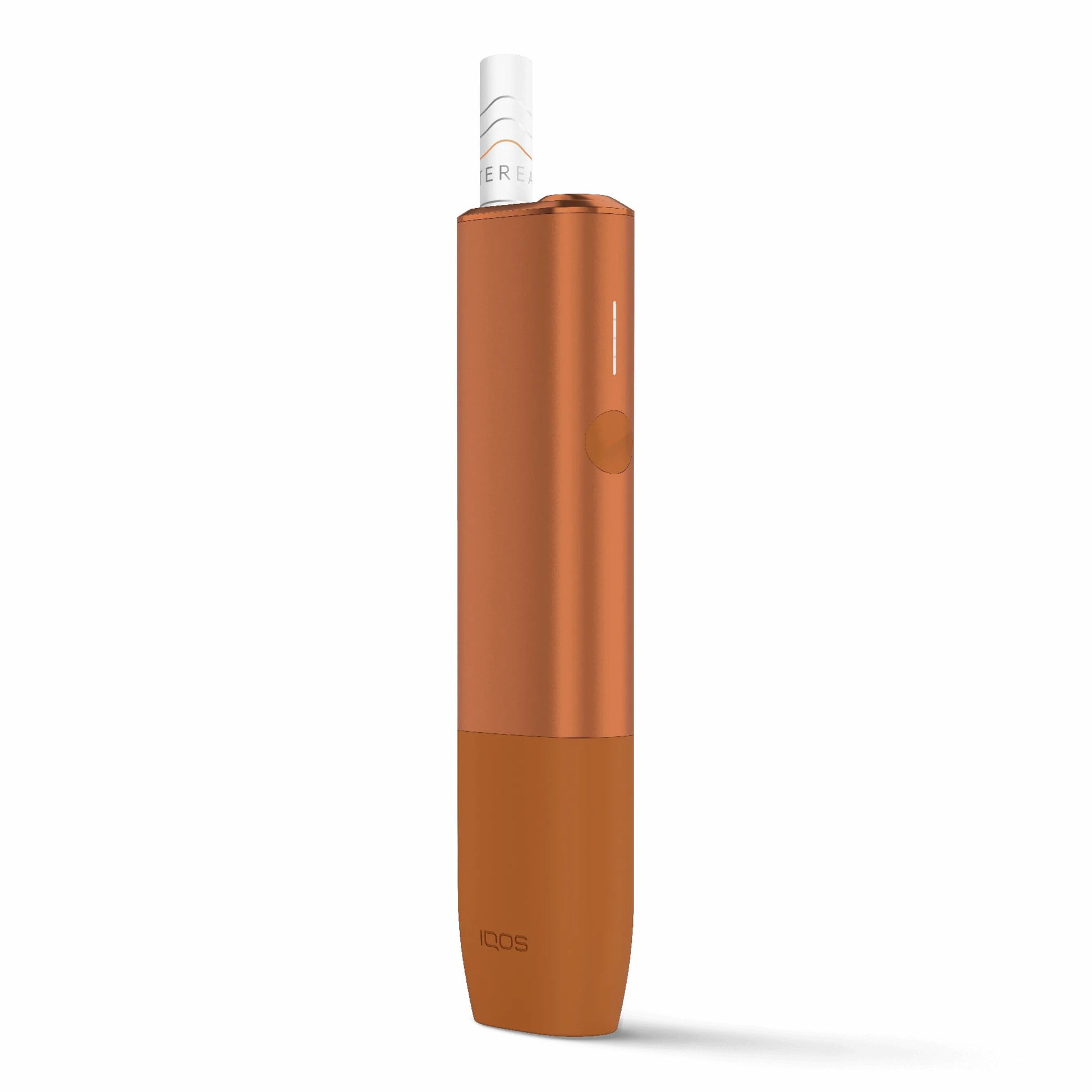 Copper IQOS Iluma One device with inserted tobacco stick on a white background.
