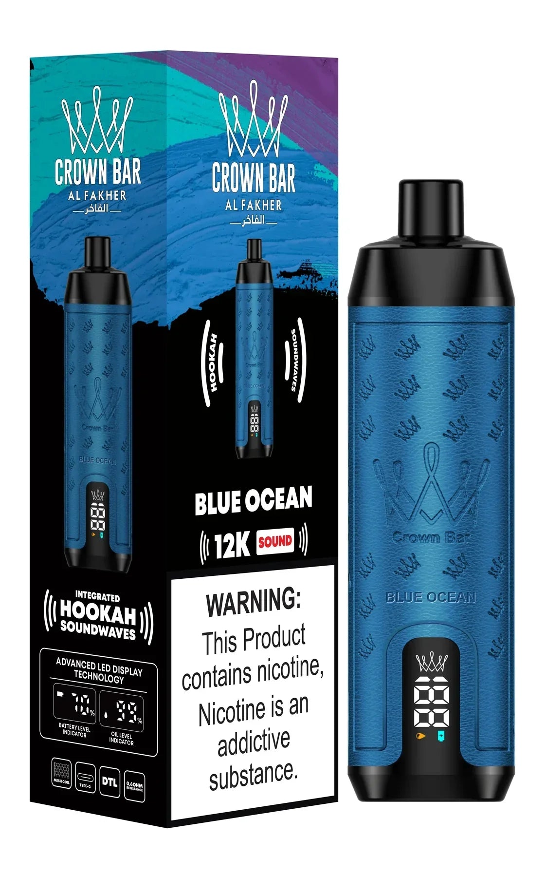 Crown Bar Al Fakher 12K disposable vape with Blue Ocean flavor and box.

