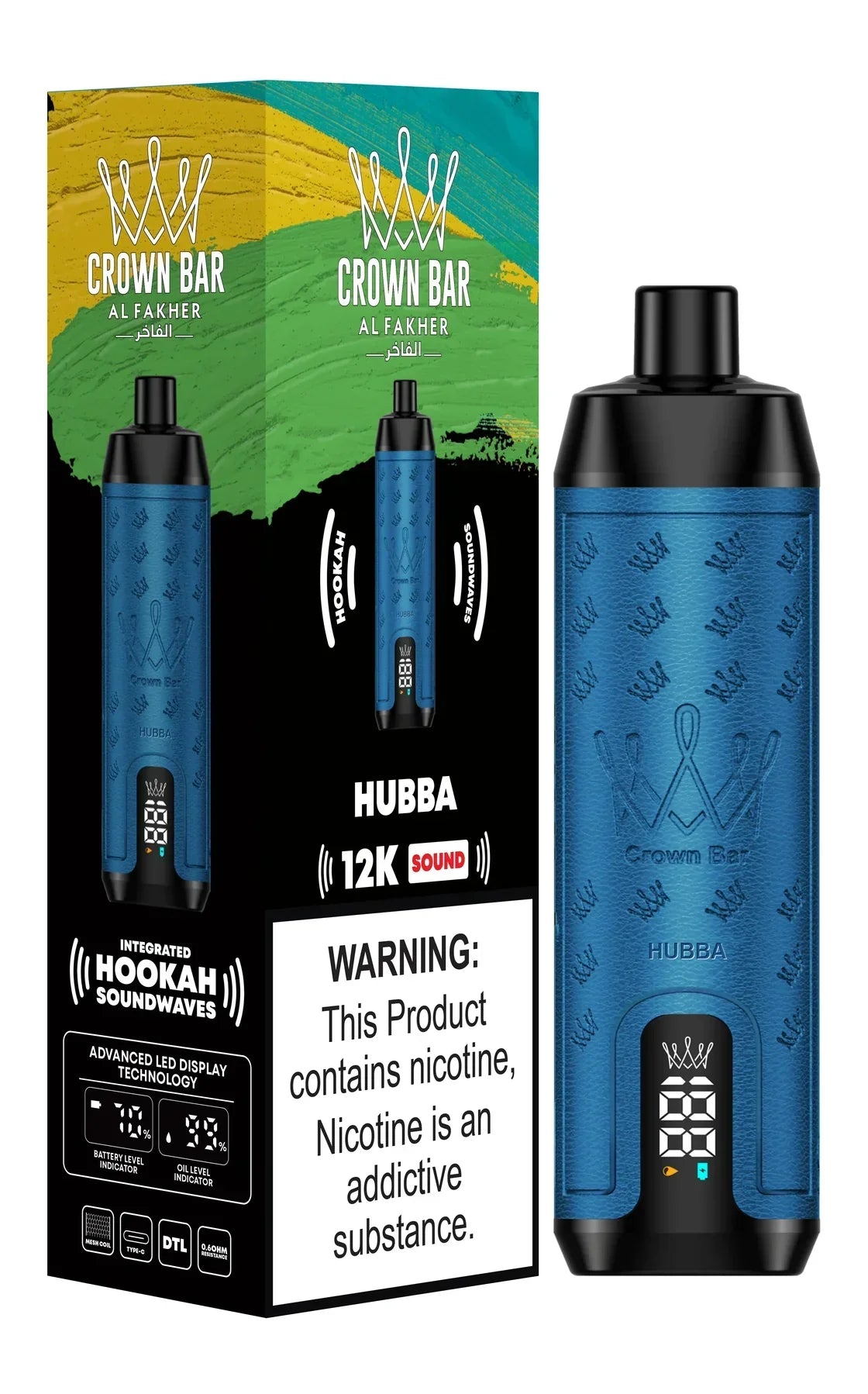Crown Bar Al Fakher 12K disposable vape with Hubba flavor and box.
