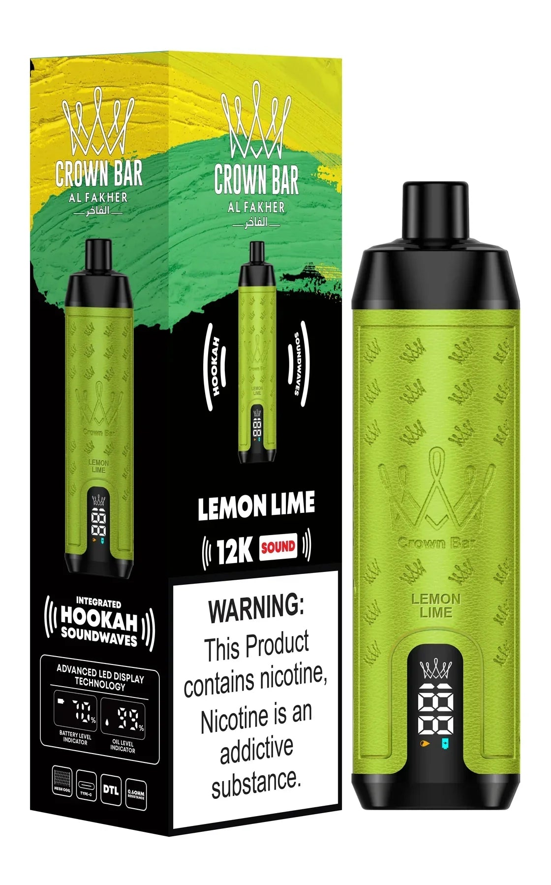 Crown Bar Al Fakher 12K disposable vape with Lemon Lime flavor and box.
